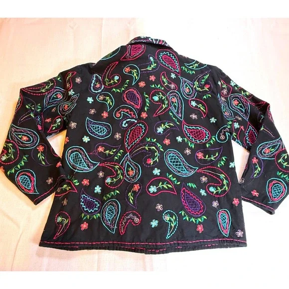 Vintage Units Linen Blend Embroidered Paisley Jacket Medium Black Boho Shirt - Picture 8 of 11